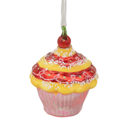 3" Red and Yellow Cupcake with Cherry Glass Christmas Ornament