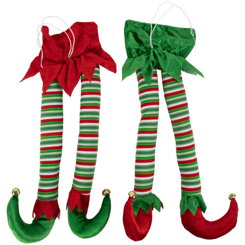 Striped Plush Elf Legs Christmas Decorations - 19" - Red and Green - Set of 2