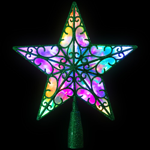 LED Lighted Glittered Star Christmas Tree Topper - 11" - Green - Multicolor Lights