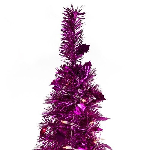 4' Pre-Lit Pink Tinsel Pop-Up Artificial Christmas Tree, Clear Lights