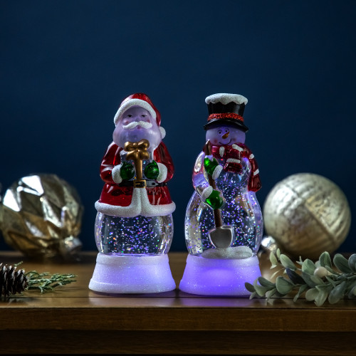 LED Lighted Color Changing Santa and Snowman  Acrylic Christmas Snow Globes - 6.25" - Set of 2