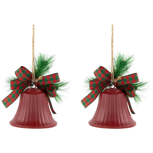 Bells with Pine Sprigs and Bow Christmas Ornaments- 7" - Red - Set of 2