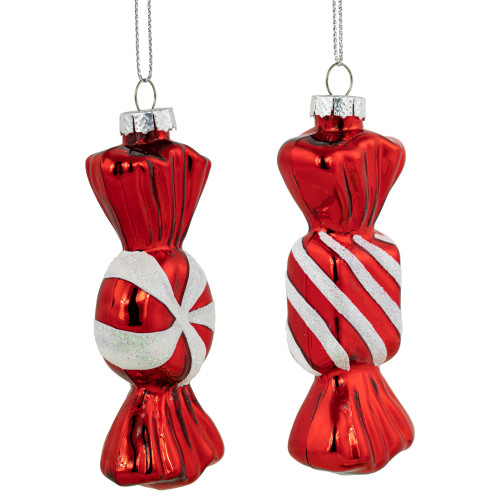 Set of 2 Shiny Red and White Glittered Candy Christmas Glass Ornaments 4"