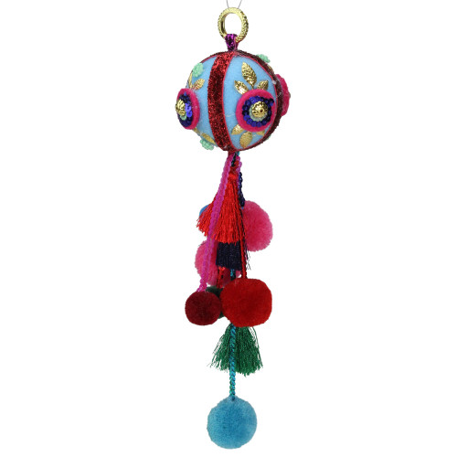 10.25" Blue and Red Ball with Pompoms Christmas Ornament