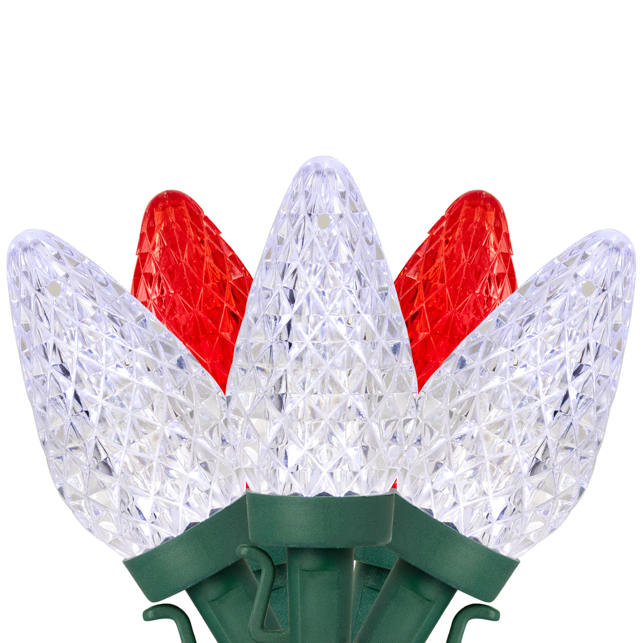 100-Count Red and Pure White Faceted LED C9 Christmas Lights, 66ft Green Wire