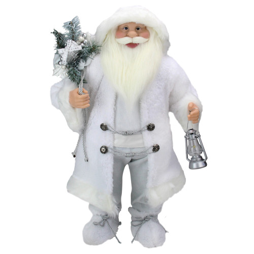 24" White Silver Santa Claus with Lantern Christmas Figure