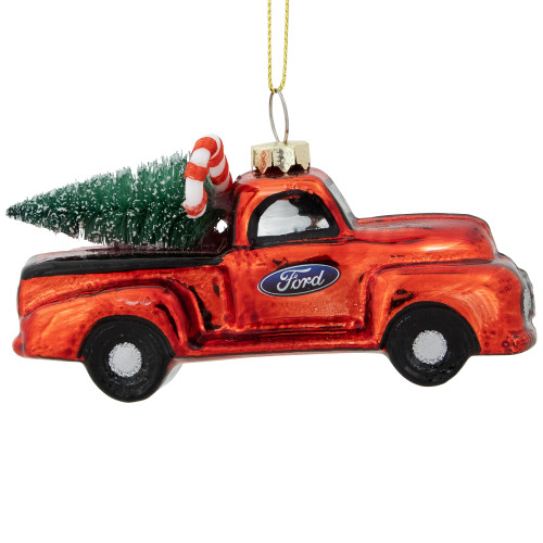 4" Red Vintage Ford Truck with Frosted Tree Glass Christmas Ornament