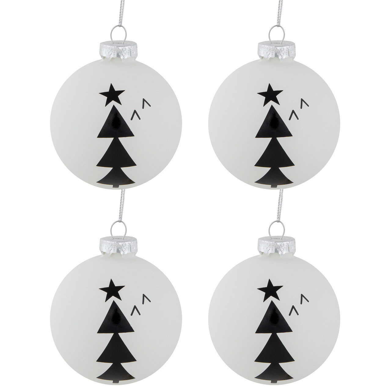 4ct White Glass Ball Ornaments with Black Christmas Trees 3"