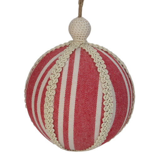 Red Striped and Ribboned Christmas Ball Ornament 6.75" (170mm)