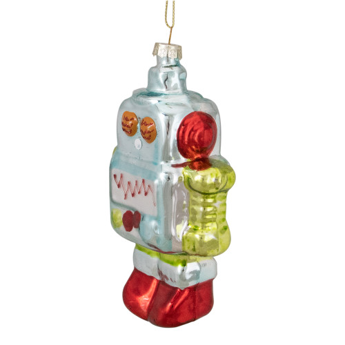5" Silver and Green Robot Hanging Glass Christmas Ornament