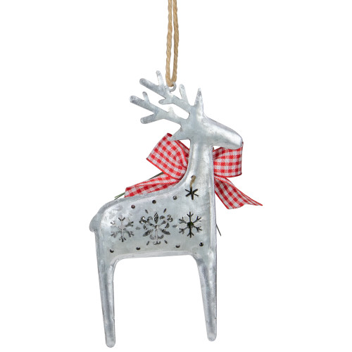 6.25" Silver Metal Reindeer Christmas Ornament with a Red Gingham Bowtie and Pine