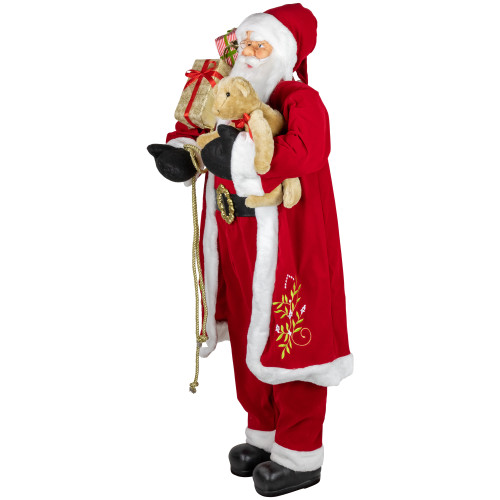 5' Traditional Santa Claus with Teddy Bear and Gift Bag Standing Christmas Figure