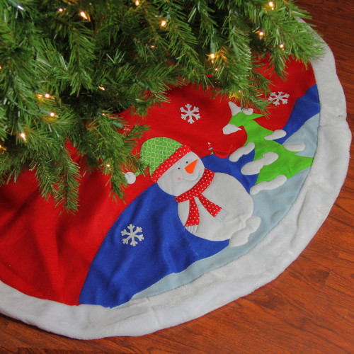 48" Red Fleece Christmas Snowman Winter Tree Skirt with White Faux Fur Trim