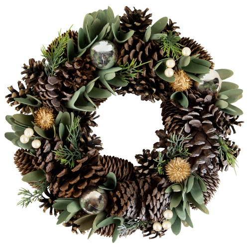 Silver and Green Mixed Foliage and Pinecone Christmas Wreath, 13.5-Inch, Unlit