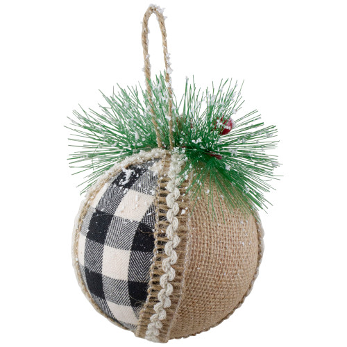 Set of 4 Black and White Plaid with Burlap Christmas Ball Ornaments 6" (152mm)