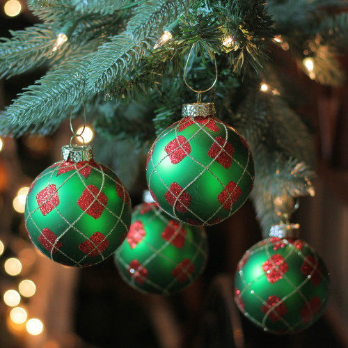 4ct Green and Red Argyle Diamond Pattern Christmas Ball Ornaments 3.25" (80mm)
