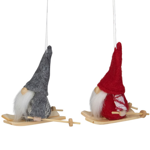Set of 2 Red and Gray Skiing Gnomes Christmas Ornaments 5"