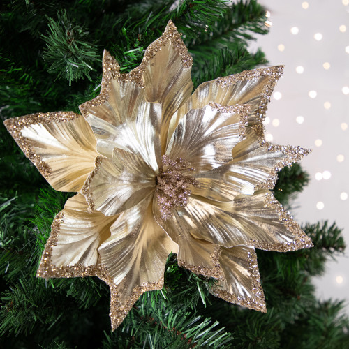 24" Metallic Champagne Gold Glittered Poinsettia Christmas Stem Spray