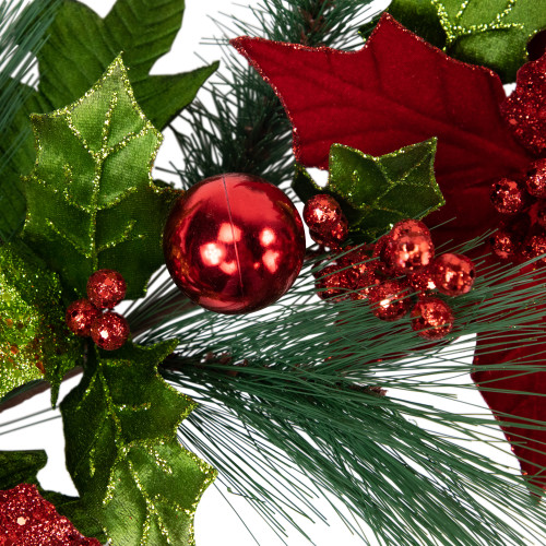 48" Glittered Red Poinsettia and Long Pine Christmas Swag, Unlit