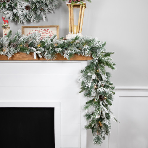 Real Touch?? Pre-Lit Flocked Mixed Rosemary Pine Artificial Christmas Garland - 9' x 14" - Warm White LED Lights
