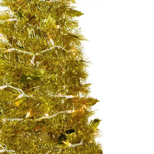 6' Pre-Lit Gold Tinsel Pop-Up Artificial Christmas Tree, Clear Lights