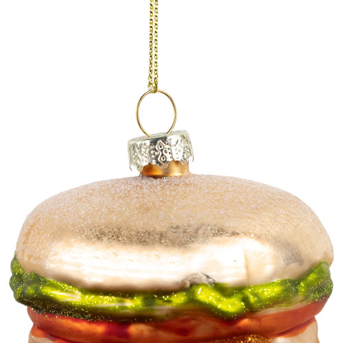 2.5" Glittered Golden Cheeseburger Glass Hanging Christmas Ornament