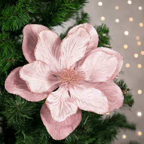 23" Glittered Pink Magnolia Christmas Stem Spray