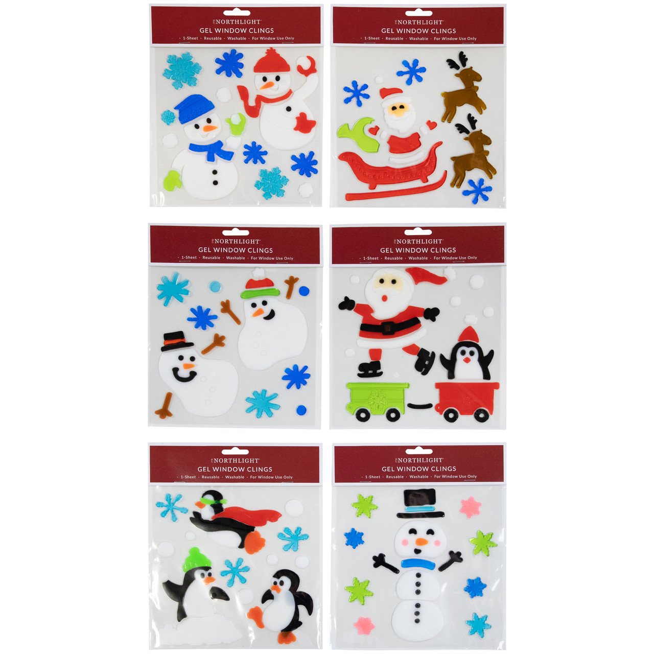 Set of 6 Double Sided Christmas Gel Window Clings