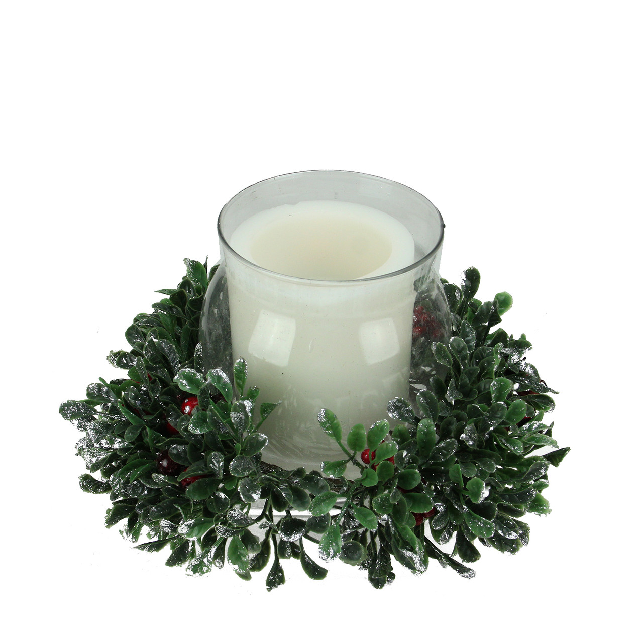6" Clear and Green Boxwood with Berry Tipped Christmas Hurricane Pillar Candle Holder
