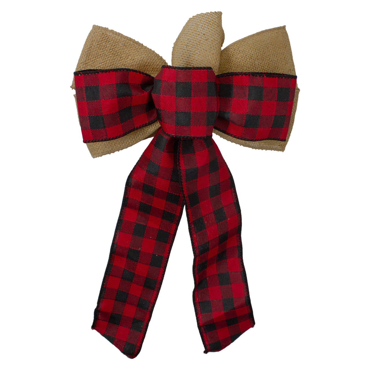 Burlap and Buffalo Plaid 6-Loop Christmas Bow Decoration - 9" x 14"