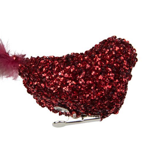 Sequined Bird with Feather Tail Christmas Clip-on Ornament - 6" - Red