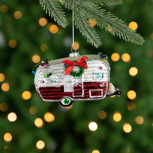 5" Red and White Vintage Camper Glass Christmas Ornament