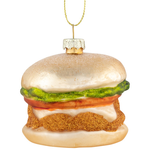 2.5" Glittered Golden Cheeseburger Glass Hanging Christmas Ornament