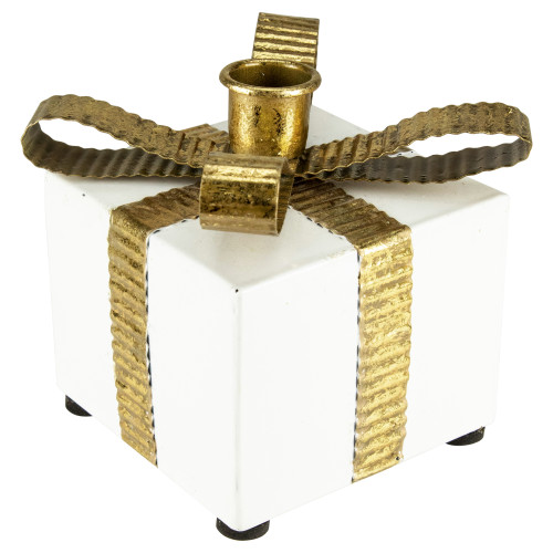 4.5" White Metal Gift Box Christmas Taper Candle Holder
