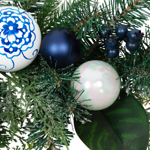 Frosted Pine with Blueberries, Bows and Ornaments Christmas Garland - 6' x 8" - Unlit