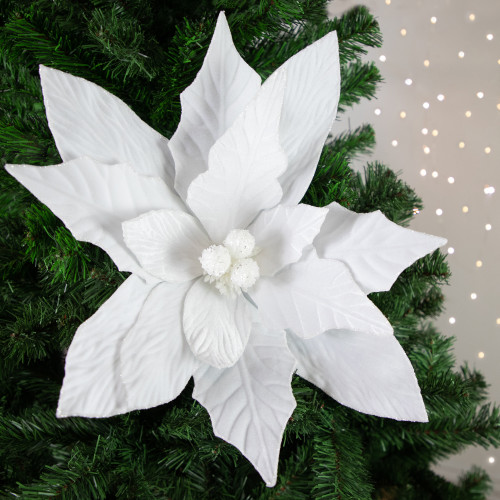 24" Winter White Glittered Poinsettia Christmas Stem Spray