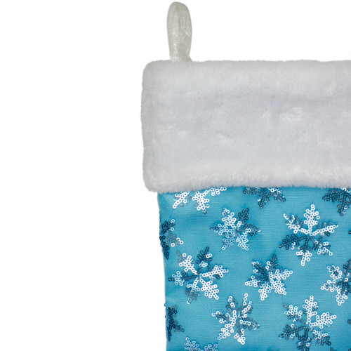 20.5" Ice Palace Blue Sequin Snowflake Christmas Stocking with White Faux Fur Cuff