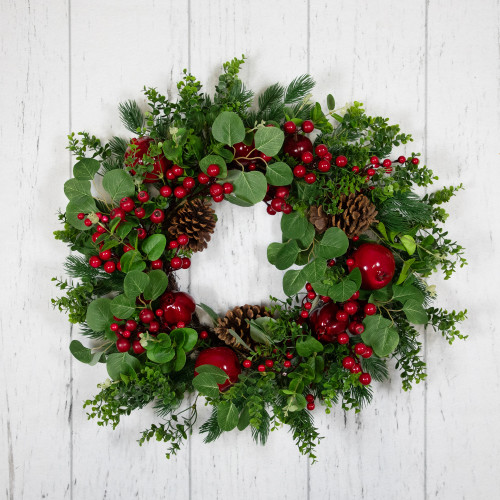Crabapple and Berries Boxwood and Pine Artificial Christmas Wreath - 26" - Unlit