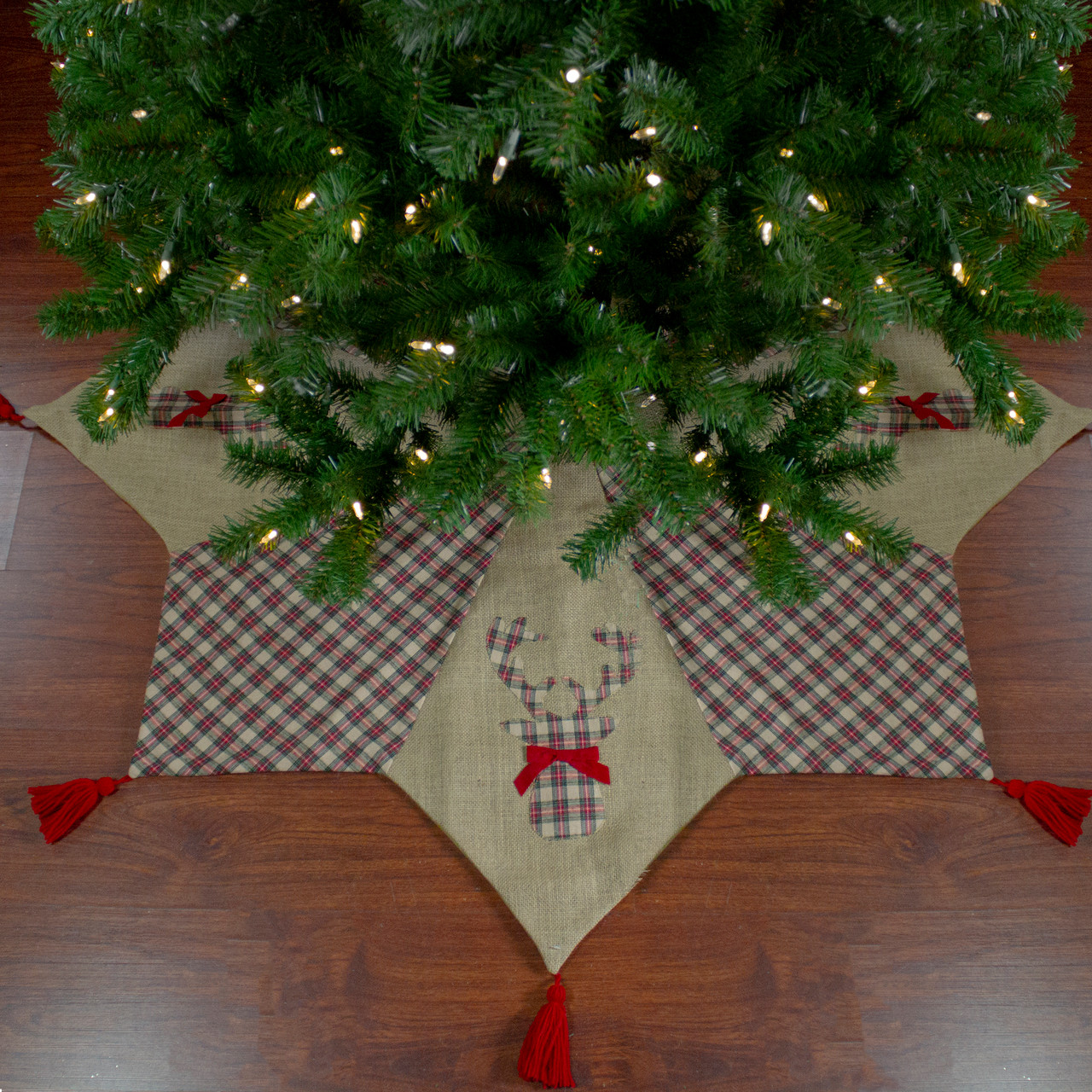 48" Red and Brown Burlap and Plaid Reindeer Christmas Tree Skirt with Tassels