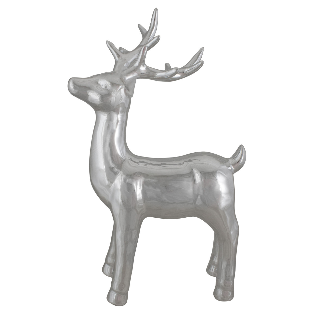 Shiny Ceramic Standing Reindeer Christmas Decoration - 14" - Silver