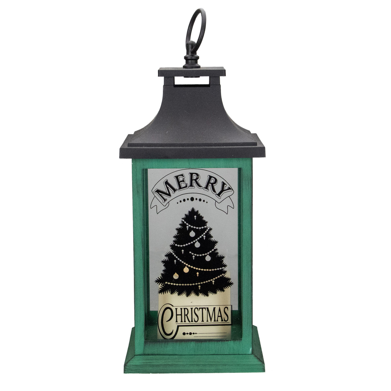 LED Candle With Christmas Tree Lantern - 12" - Green and Black