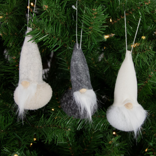 Set of 3 Gray and Cream Plush Gnomes Christmas Ornaments 4.75"