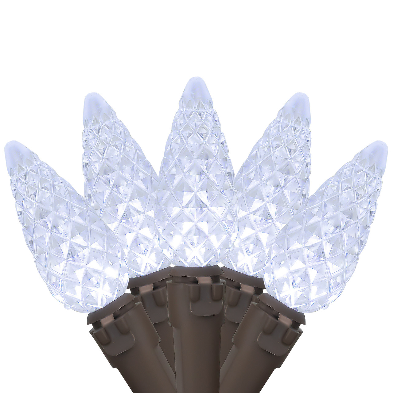 70-Count Pure White LED Faceted C6 Christmas String Lights, 23ft Brown Wire