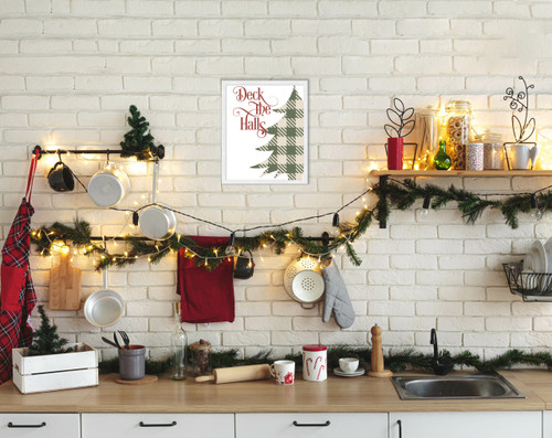 Deck the Halls - Plaid Tree 10" x 12.5" Framed Christmas Wall Decor Art Print Sign Poster in a Natural Wooden Frame with UV Acrylic and Hangers