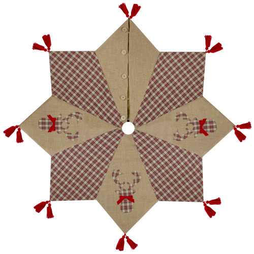 48" Red and Brown Burlap and Plaid Reindeer Christmas Tree Skirt with Tassels
