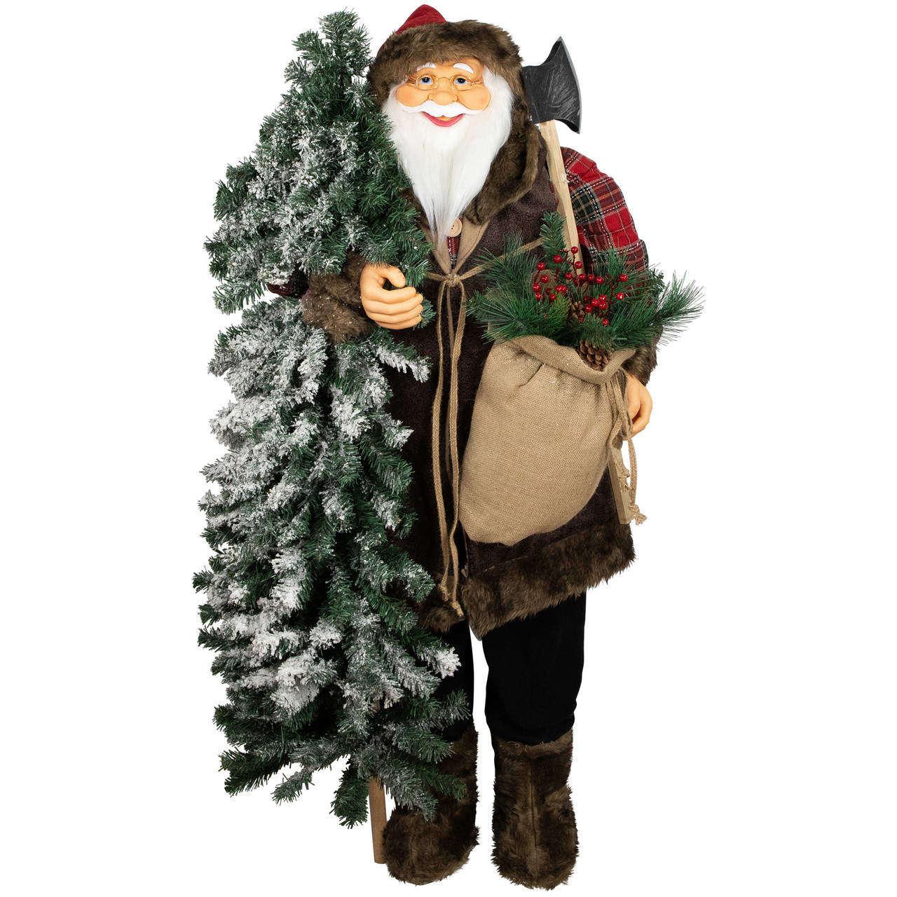 Standing Woodland Santa Claus with Flocked Alpine Tree Commercial Christmas Figure - 5'