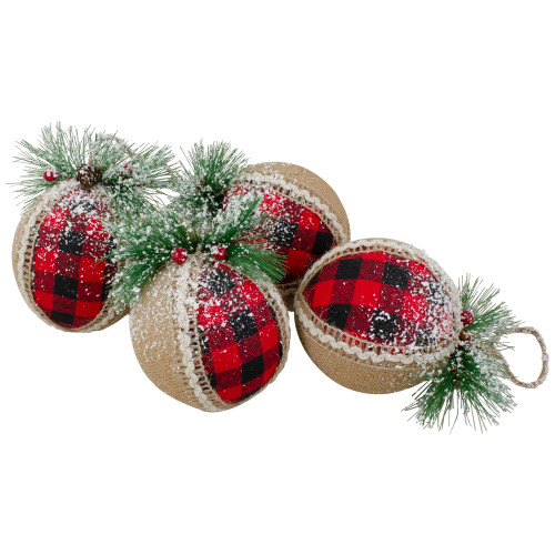 Set of 4 Red and Black Plaid with Burlap Christmas Ball Ornaments 6" (152mm)