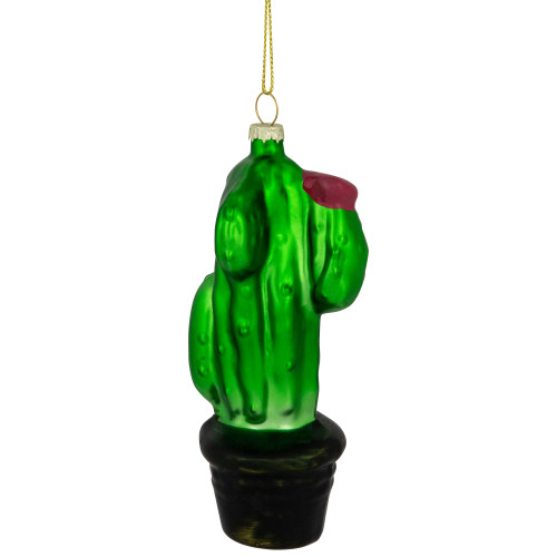 5" Green Cactus with Pink Flower Glass Christmas Ornament