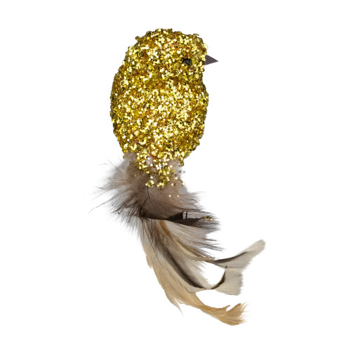6.5" Gold Sequined Bird with Feather Tail Christmas Ornament with Clip
