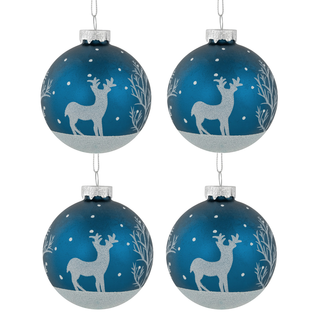 4ct Blue Glass Ball Christmas Ornaments with Glitter Reindeer 3"